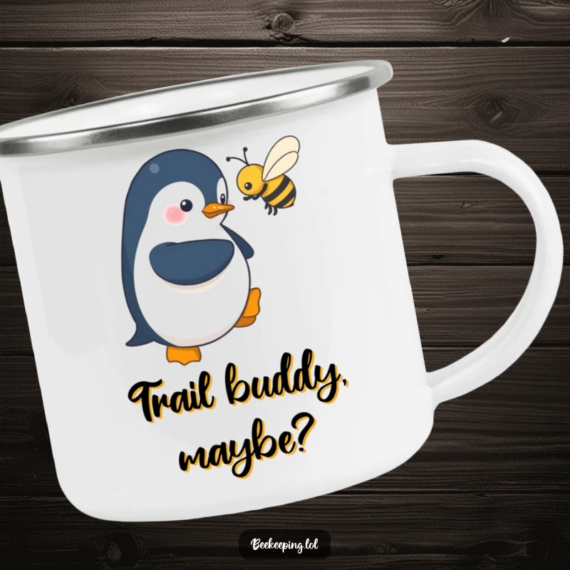 Funny camping mug: a shy penguin hovers near a buzzing bee, perfect for outdoor enthusiasts with a sense of humor and love for penguins.