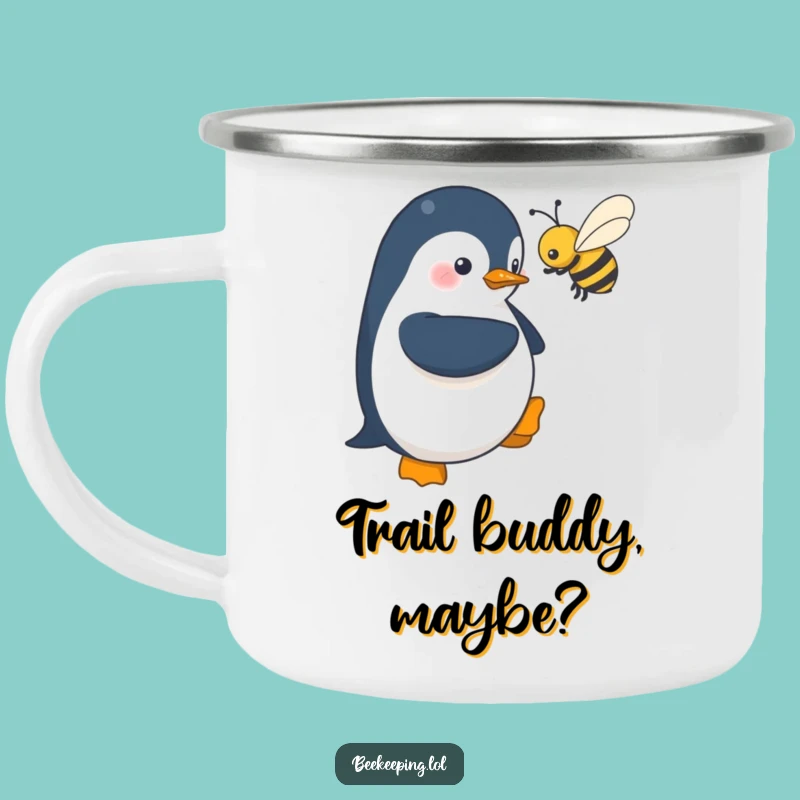 Funny Penguin Camping Mug: Shy Near Bees, Adventurous Humor Gift