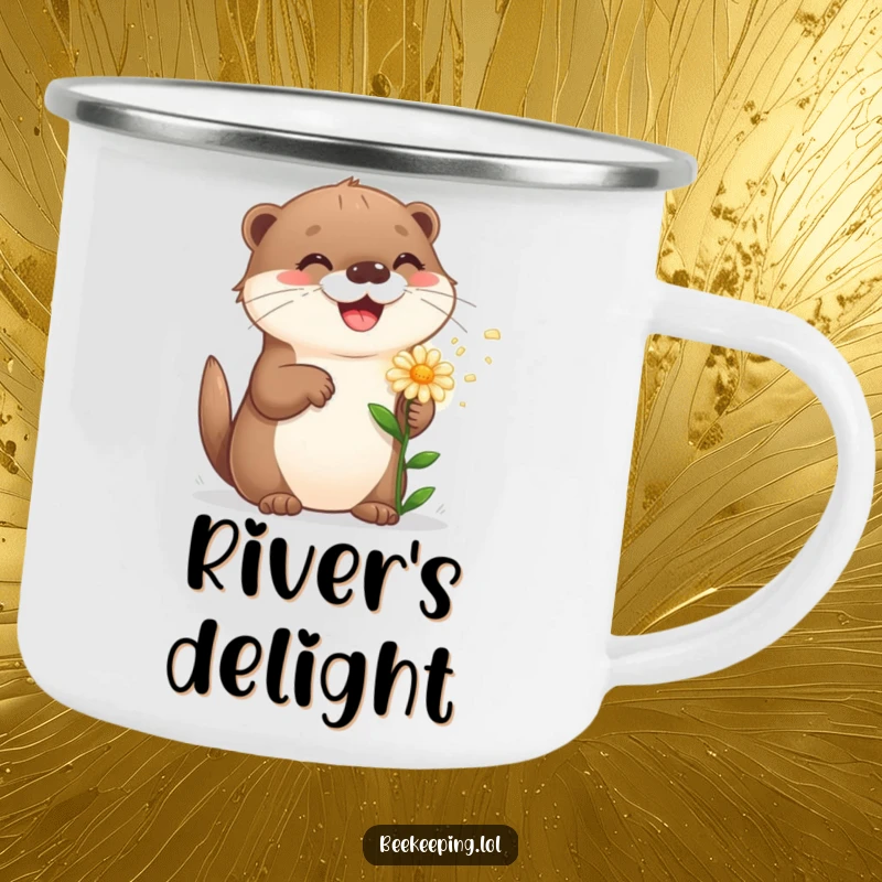 Funny playful otter sprinkling a flower, perfect for outdoor adventures on a sturdy camping mug.
