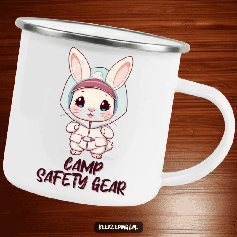 Funny rabbit in a bee veil and protective suit on a camping mug, durable and portable, humorous outdoor gift.