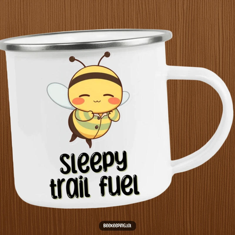 Funny camping mug with a wobbly bee character in striped pajamas flying with a peaceful, sleepy grin.