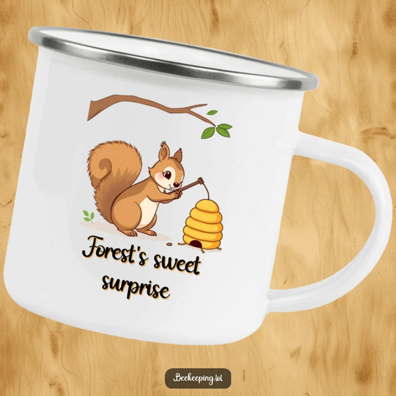 Funny squirrel with a stick gently tapping a beehive on a camping mug, durable and portable, humorous outdoor gift.