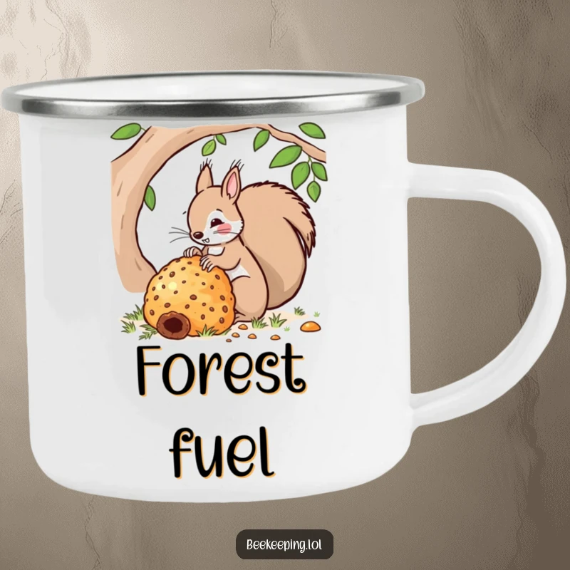 Funny camping mug showcasing a squirrel tending to a very large beehive. Rugged and humorous drinkware for outdoor enthusiasts.
