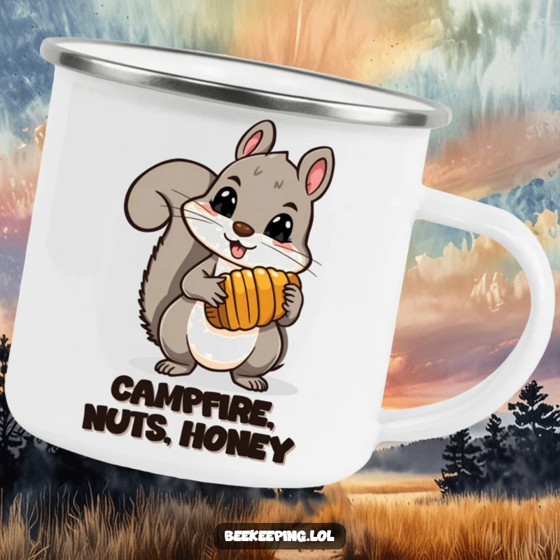 Funny brave squirrel holding a comb full of honey, on a rugged camping mug, perfect for outdoor enthusiasts.