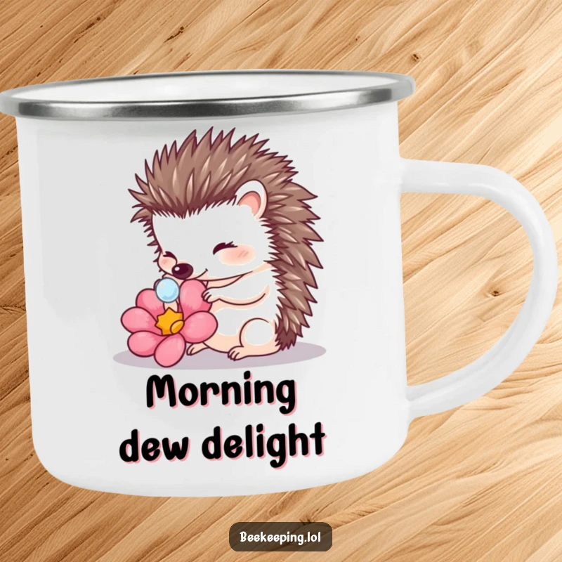 Funny Hedgehog Touching Dewdrop Camping Mug: A hedgehog touches a dewdrop on a flower, for outdoor enjoyment.