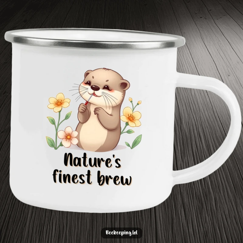Funny Otter Camping Mug showing a graceful otter collecting nectar with a tiny tool, great for outdoor enthusiasts who value detailed humor.