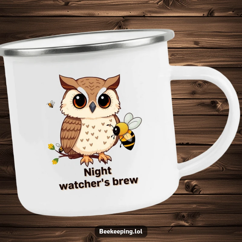 Funny camping mug with a curious owl observing bee activity, designed for outdoor enthusiasts who appreciate humor and nature.