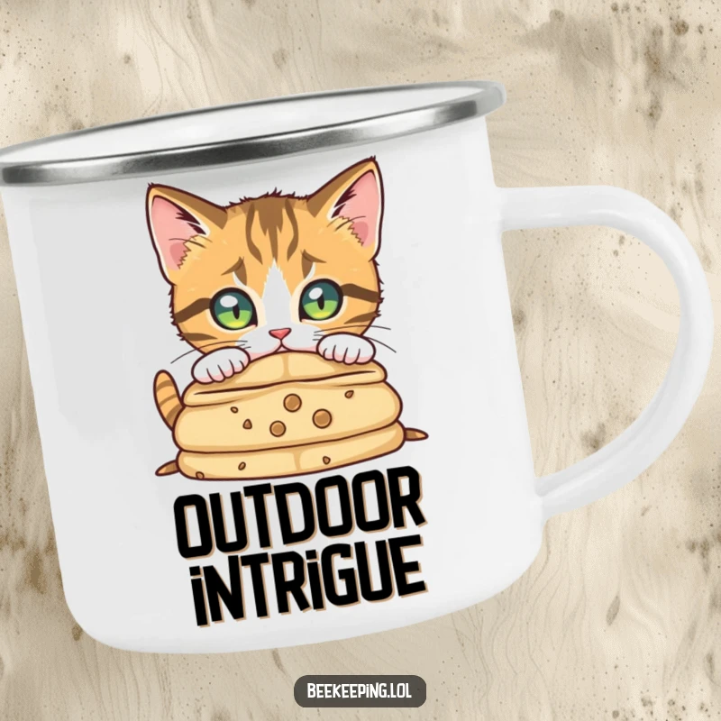 Funny curious cat with focused eyes investigating a beehive, perfect for outdoor exploration on a camping mug.