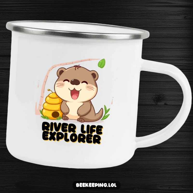Funny Otter Beehive Camping Mug, enamel, happy otter peeking curiously into a beehive, humorous outdoor gear.