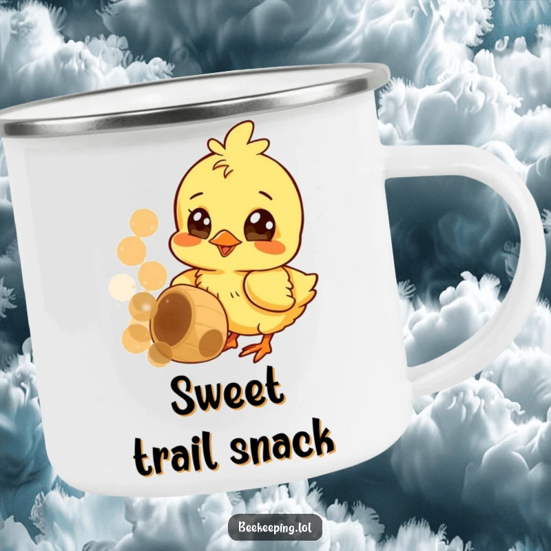 Funny camping mug with a cheerful chick pecking at a honeycomb, wide curious eyes, for outdoor enjoyment.