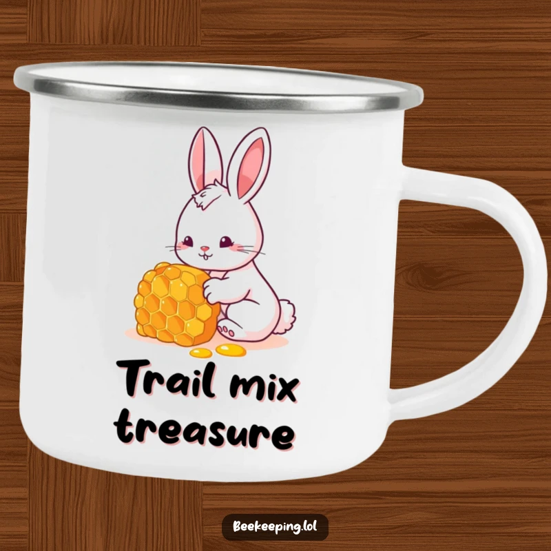 Funny bunny camping mug with a curious rabbit exploring a honeycomb, perfect for a funny gift.