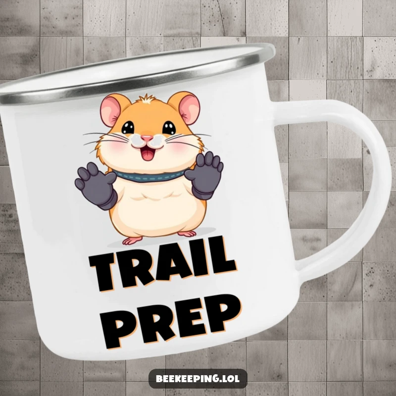 Funny camping mug showcasing a smiling hamster wearing tiny work gloves. Rugged and humorous drinkware for outdoor enthusiasts.