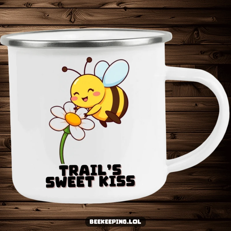 Funny bee camping mug showing a cheerful pollinator on a flower, ideal funny gift.