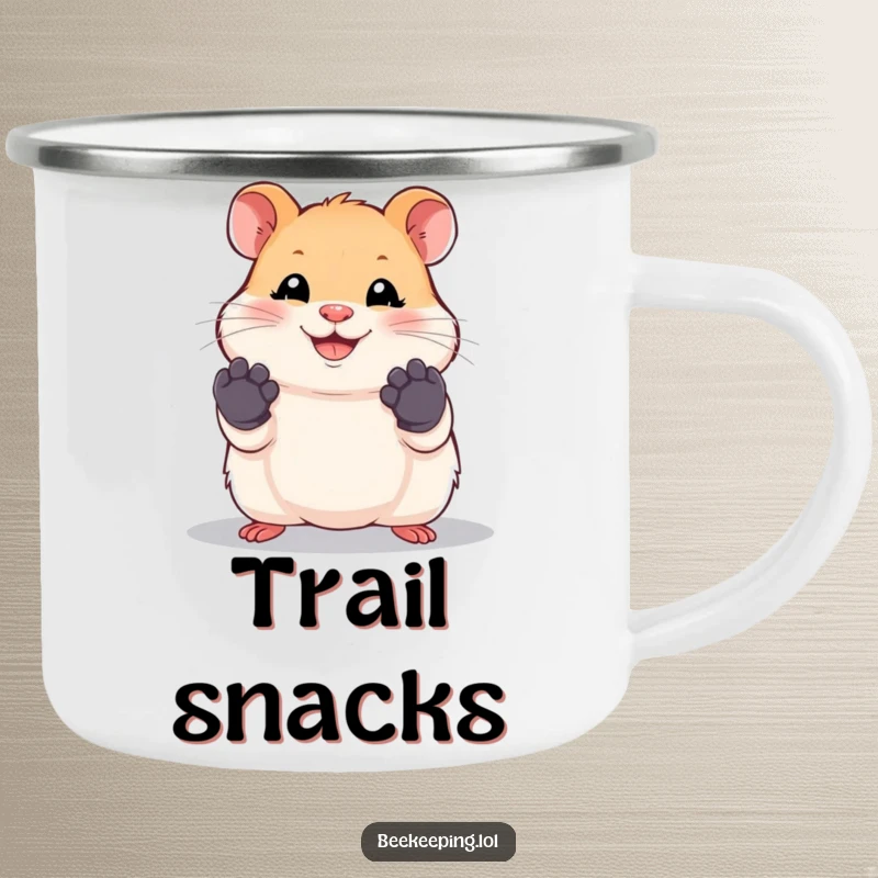 Funny hamster camping mug featuring a smiling hamster with work gloves, designed for outdoor fun.