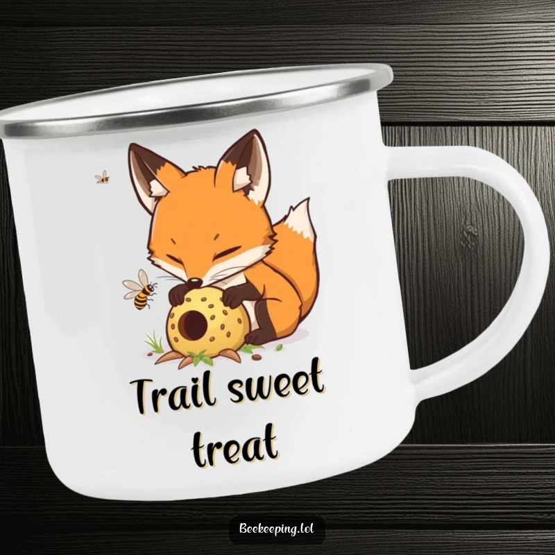 Funny determined fox carefully tending to a buzzing hive, a sturdy and humorous enamel camping mug.