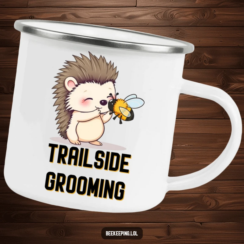 Funny camping mug featuring a wobbly hedgehog gently brushing a bee, designed for outdoor enthusiasts and lovers of cute critters.