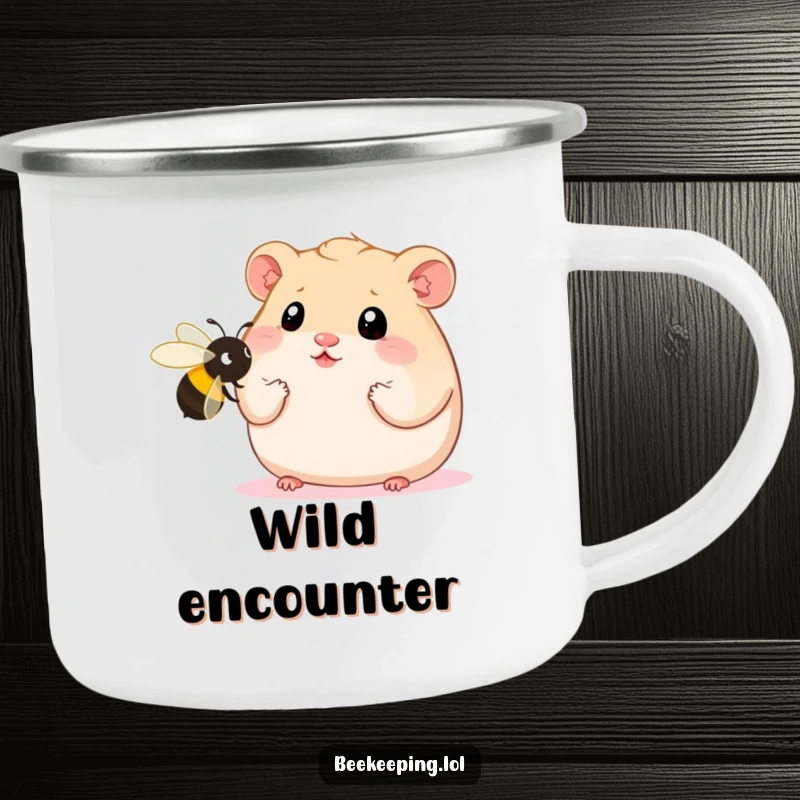 Funny Hamster Camping Mug showing a plump hamster with wide eyes staring at an oversized bee, great for outdoor enthusiasts who love dramatic humor.