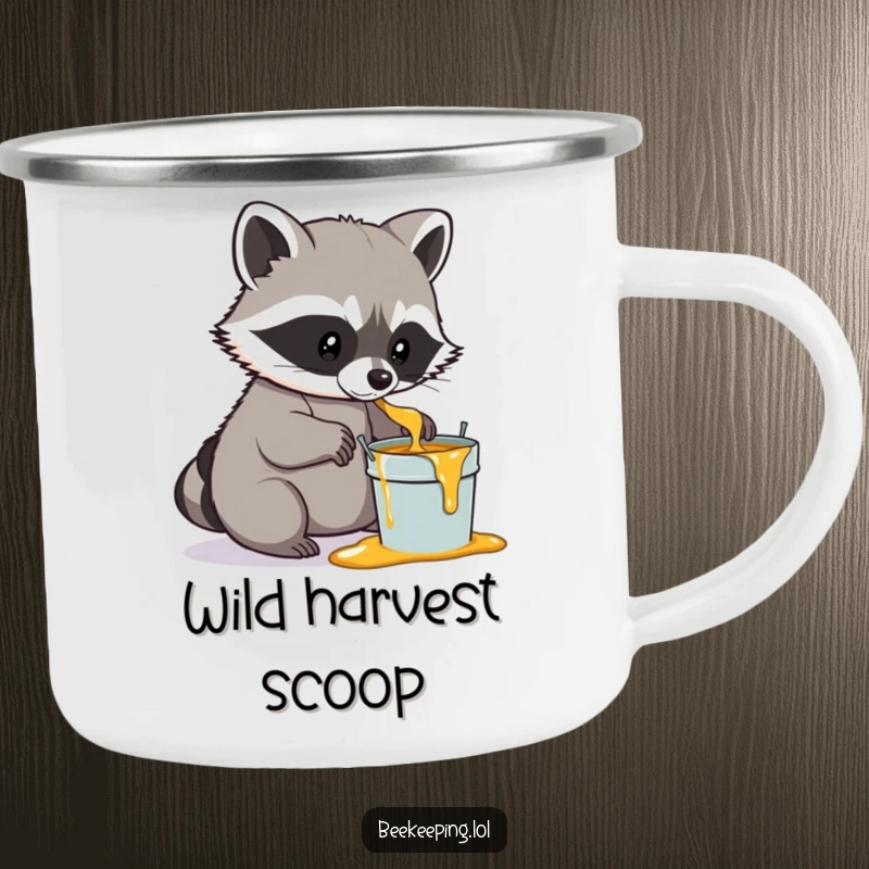 Funny Raccoon Honey Camping Mug, enamel, a determined raccoon gently scooping honey into a small pail, humorous outdoor gear.