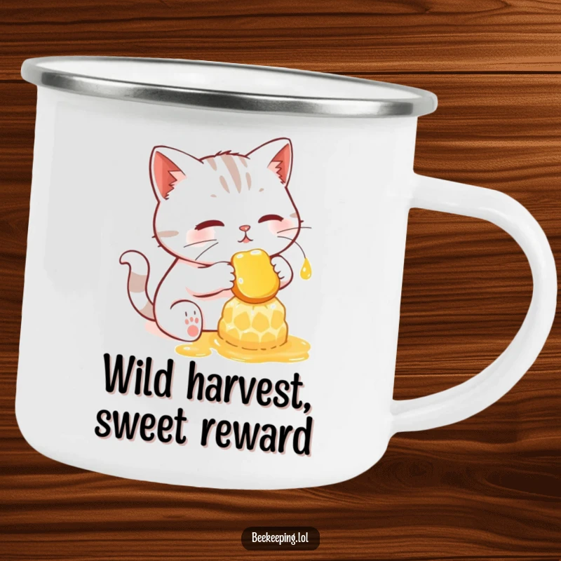 Funny camping mug showing a determined cat gently gathering honey from a glowing honeycomb.