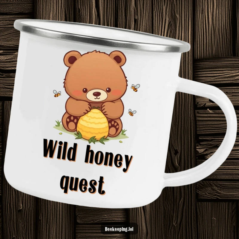 Funny Bear Camping Mug: A sturdy mug depicting a determined bear gently tending a busy beehive in a wilderness setting.