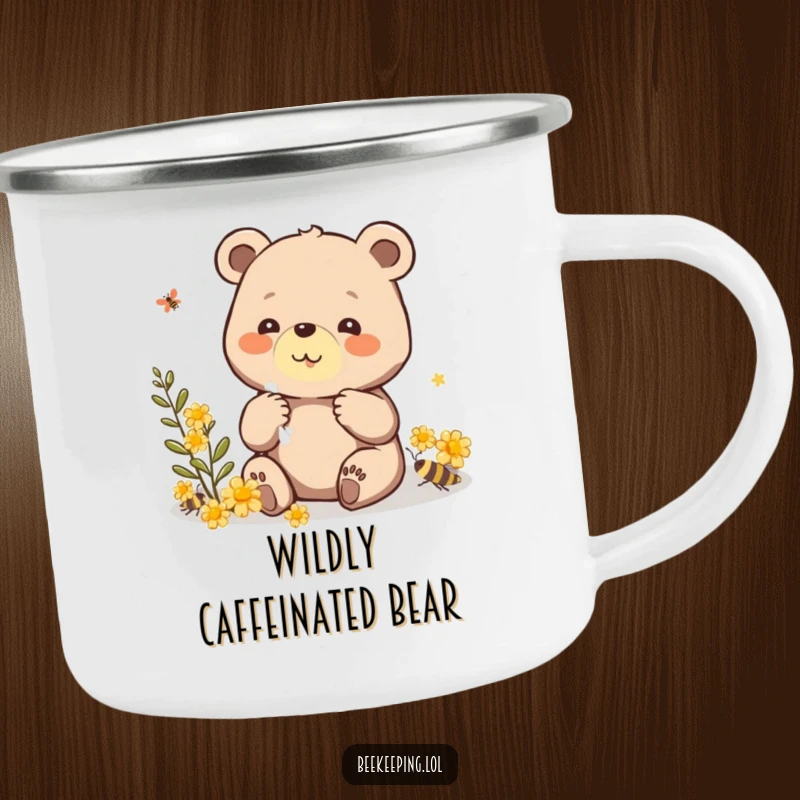 Funny camping mug with a beaming bear carefully collecting propolis, designed for outdoor lovers who appreciate a touch of humor.