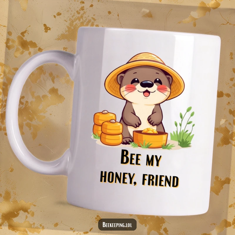Funny mug featuring a giggling otter wearing a straw hat, tending to beehives with a cheerful expression, perfect for humor lovers.