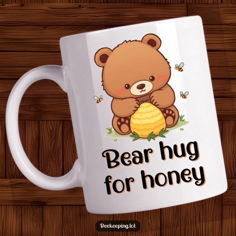 Funny Bear Mug: A determined brown bear gently caring for a buzzing beehive, showing gentle strength.