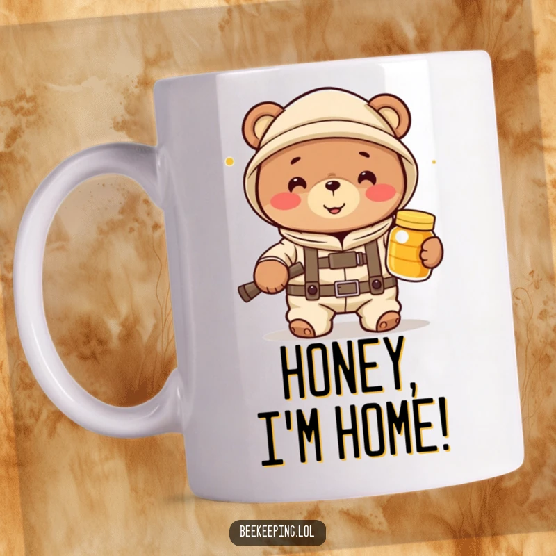 Funny bear beekeeper in a suit holding honey, conveying joy and love for bees on a delightful mug.