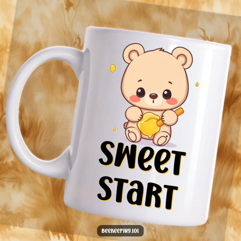 Funny bear mug depicting a proud bear carefully holding a frame of honey, a heartwarming and humorous scene.