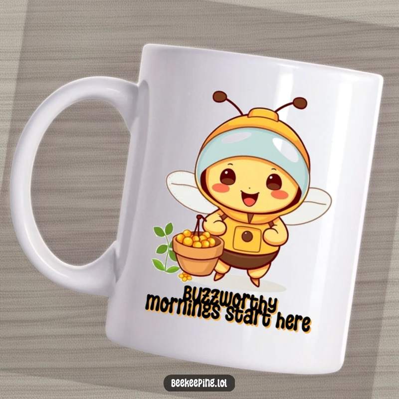Funny Bee Mug: Tiny beekeeper bee happily collecting nectar from a flower, radiating joy and sweetness.
