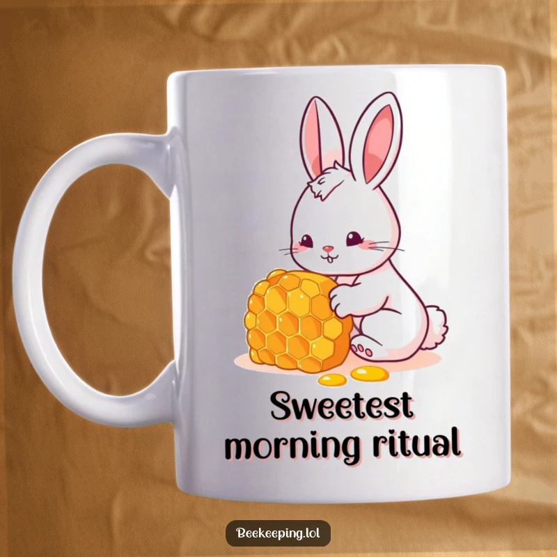 Funny bunny mug with a curious expression inspecting a golden honeycomb, perfect for a funny gift.