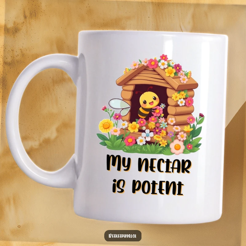 Funny mug showing a cheerful busy bee flying around an overflowing flower hive, gathering nectar with joy.