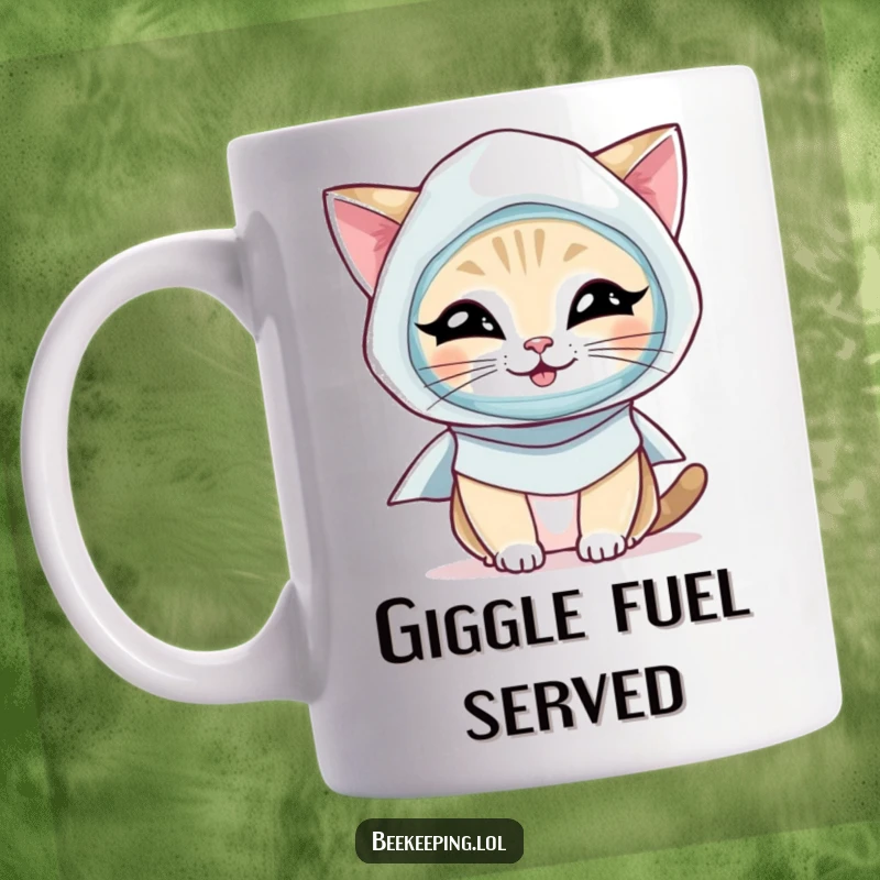 Funny Cat Mug: A hilarious cat wearing a white beekeeper smock and veil, giggling with delight.