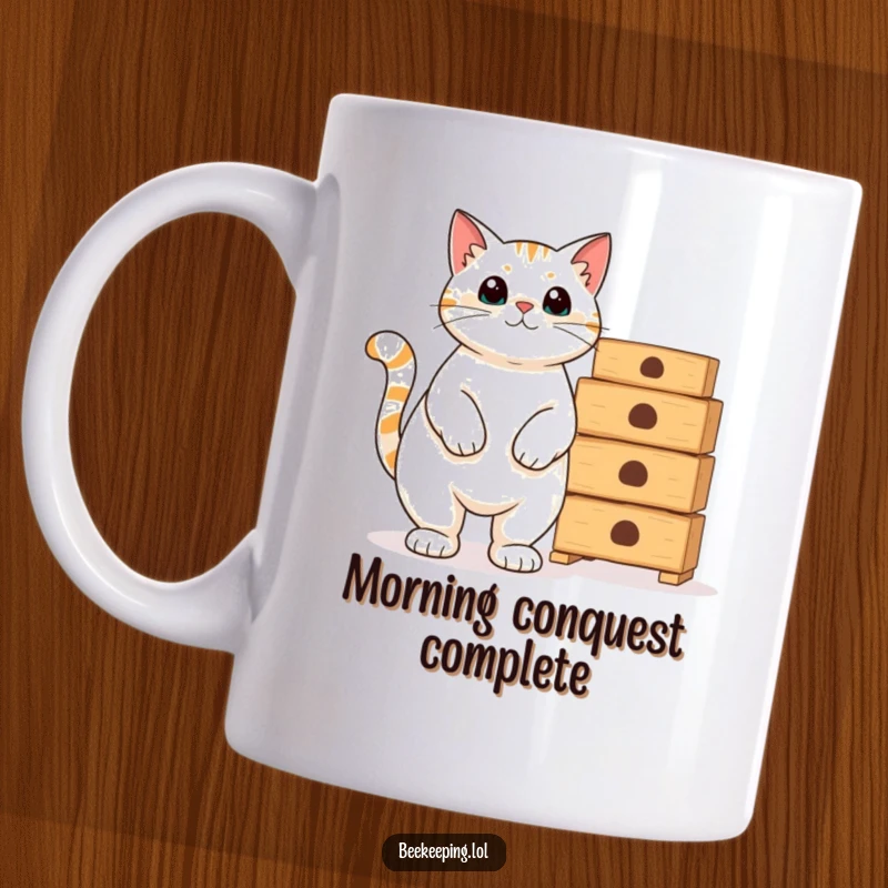 Funny proud cat standing regally beside a tall stack of empty beekeeping hives, conveying humorous ownership and feline majesty.