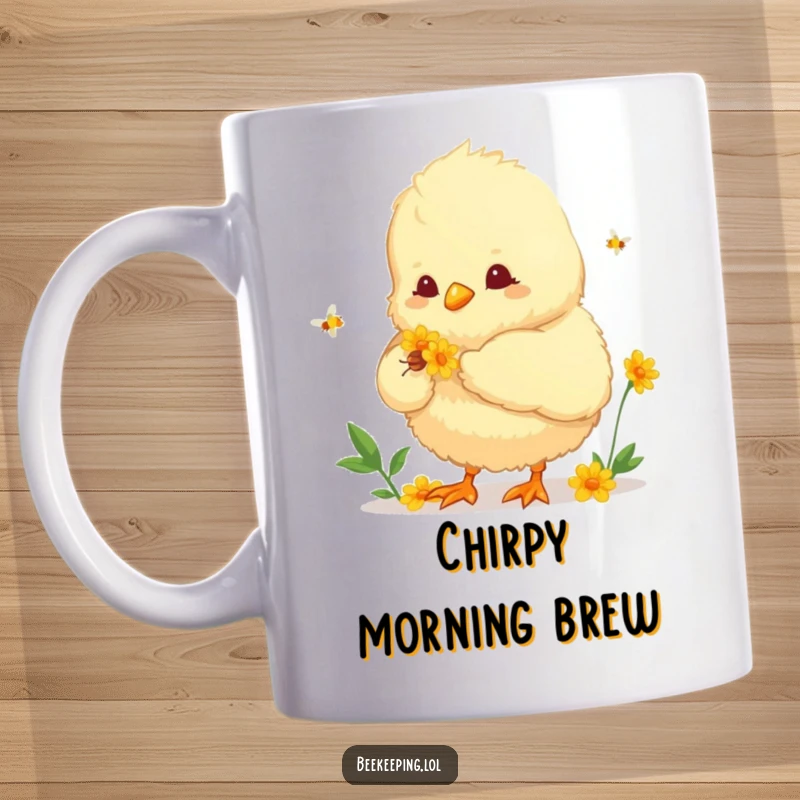 Funny mug showing a fluffy chick diligently helping to collect nectar from a flower. A sweet and humorous design for bird enthusiasts.