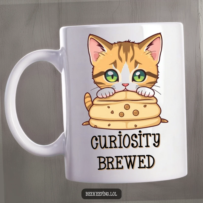 Funny curious cat intently peering into a beehive with focused eyes, showcasing intrigue on a mug.