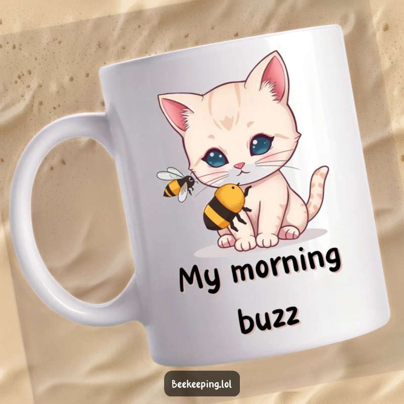 Funny mug showing a curious cat with wide eyes intently inspecting a tiny buzzing bee. A playful and humorous scene for cat lovers.