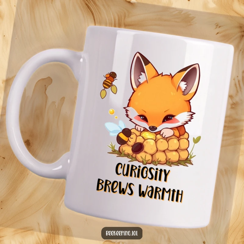 Funny mug depicting a curious fox peering into a bubbling, busy beehive with intrigue.