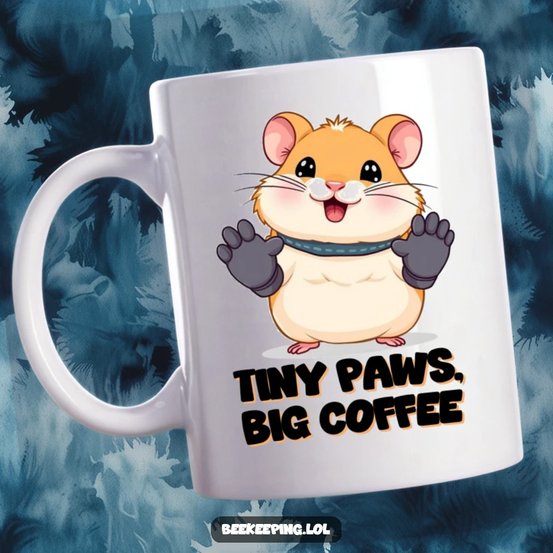 Funny mug showing a smiling hamster wearing tiny work gloves, looking ready for a day of tasks. A cute and humorous office gift.
