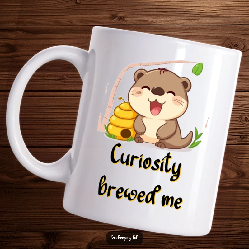 Funny Otter Beehive Mug, happy otter with curious expression peeking into a beehive, cute and humorous animal design.