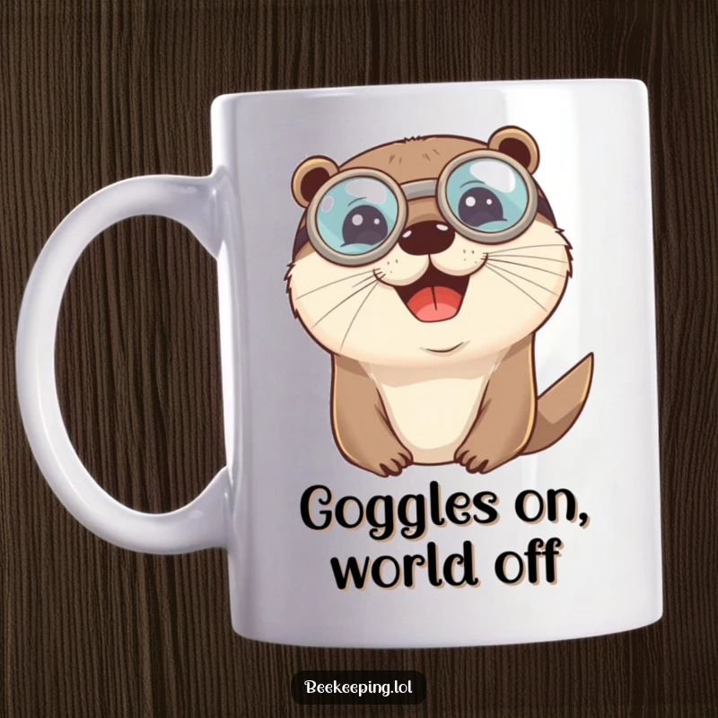 Funny cheerful otter wearing large, round protective goggles, conveying a humorous and happy aquatic vibe on this mug.