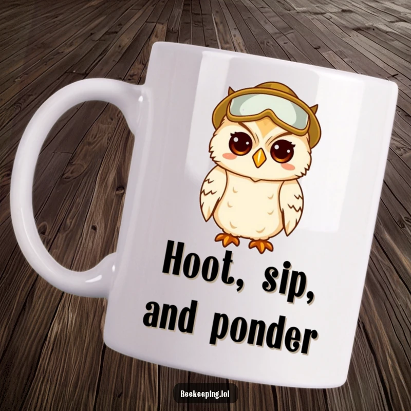 Funny mug with a wise, amused owl wearing beekeeper hat and veil, observing the world.