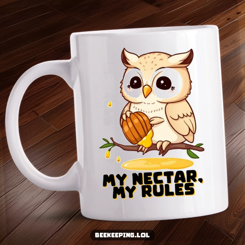 Funny mug featuring a proud owl with a honey dipper collecting golden honey from a honeycomb, a whimsical and sweet scene.