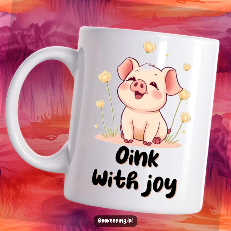 Funny mug depicting a delighted piglet with a happy expression, watching fluffy seed heads gently float through the air.