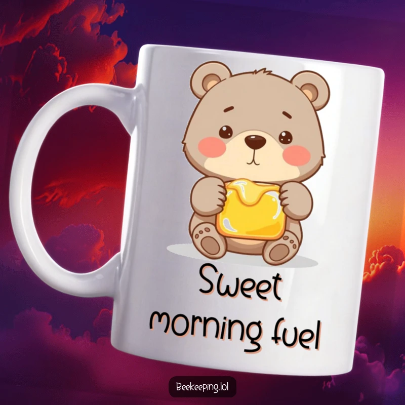 Funny mug featuring a proud bear holding a frame of golden honey with gentle paws. A heartwarming and humorous design.