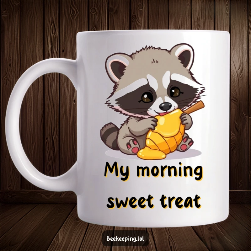 Funny Raccoon Mug featuring a stealthy raccoon with sticky paws attempting to raid a beehive for honey, embodying cheeky mischief.