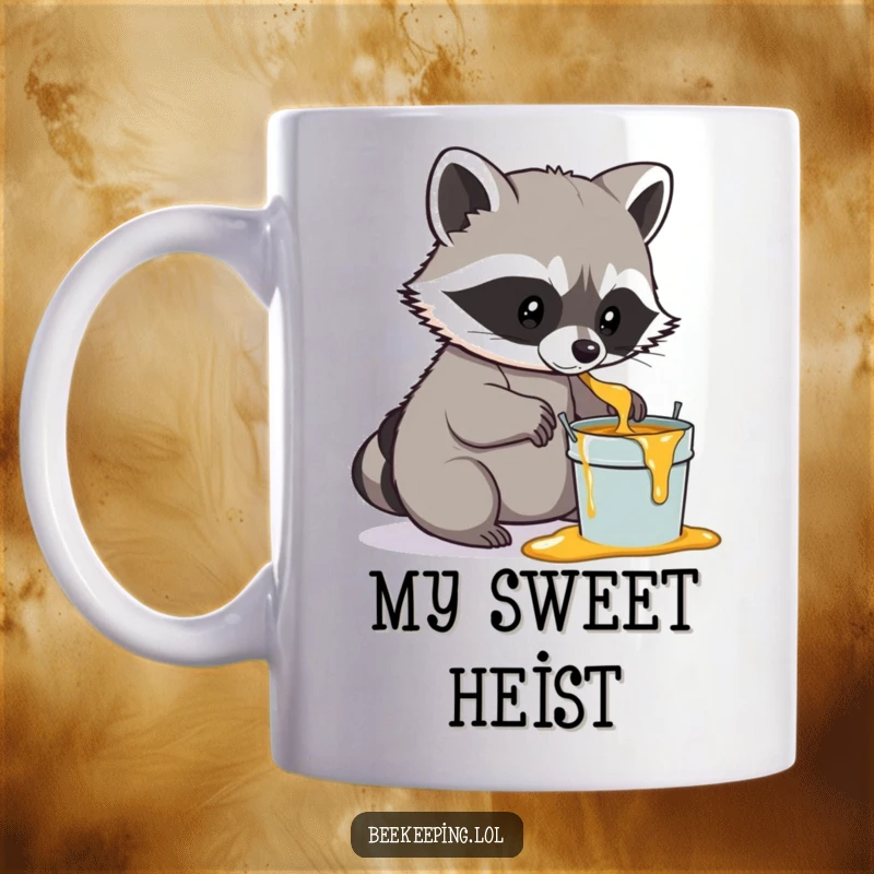 Funny Raccoon Honey Mug, a determined raccoon gently scooping honey into a small pail, humorous wildlife design.
