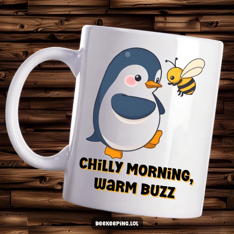 Funny mug: a socially awkward penguin timidly hovers close to a buzzing bee, illustrating a moment of quiet courage.