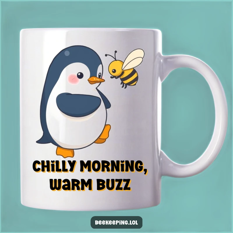 Funny Shy Penguin Mug: Brave Near Bee, Whimsical Animal Humor Gift
