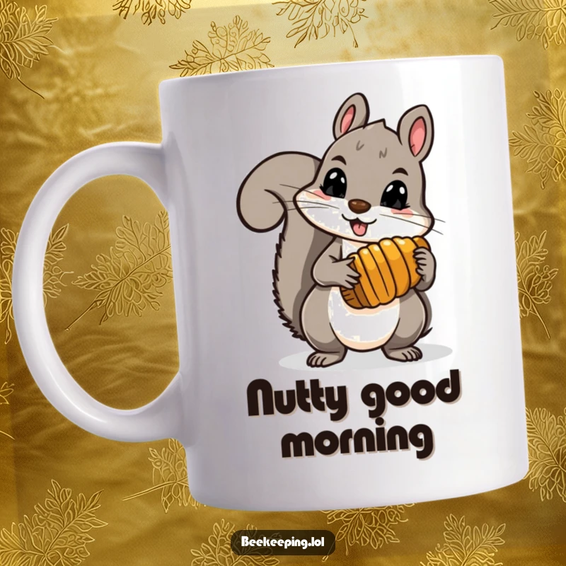 Funny brave squirrel holding a comb full of honey, looking determined and slightly mischievous on a delightful mug.